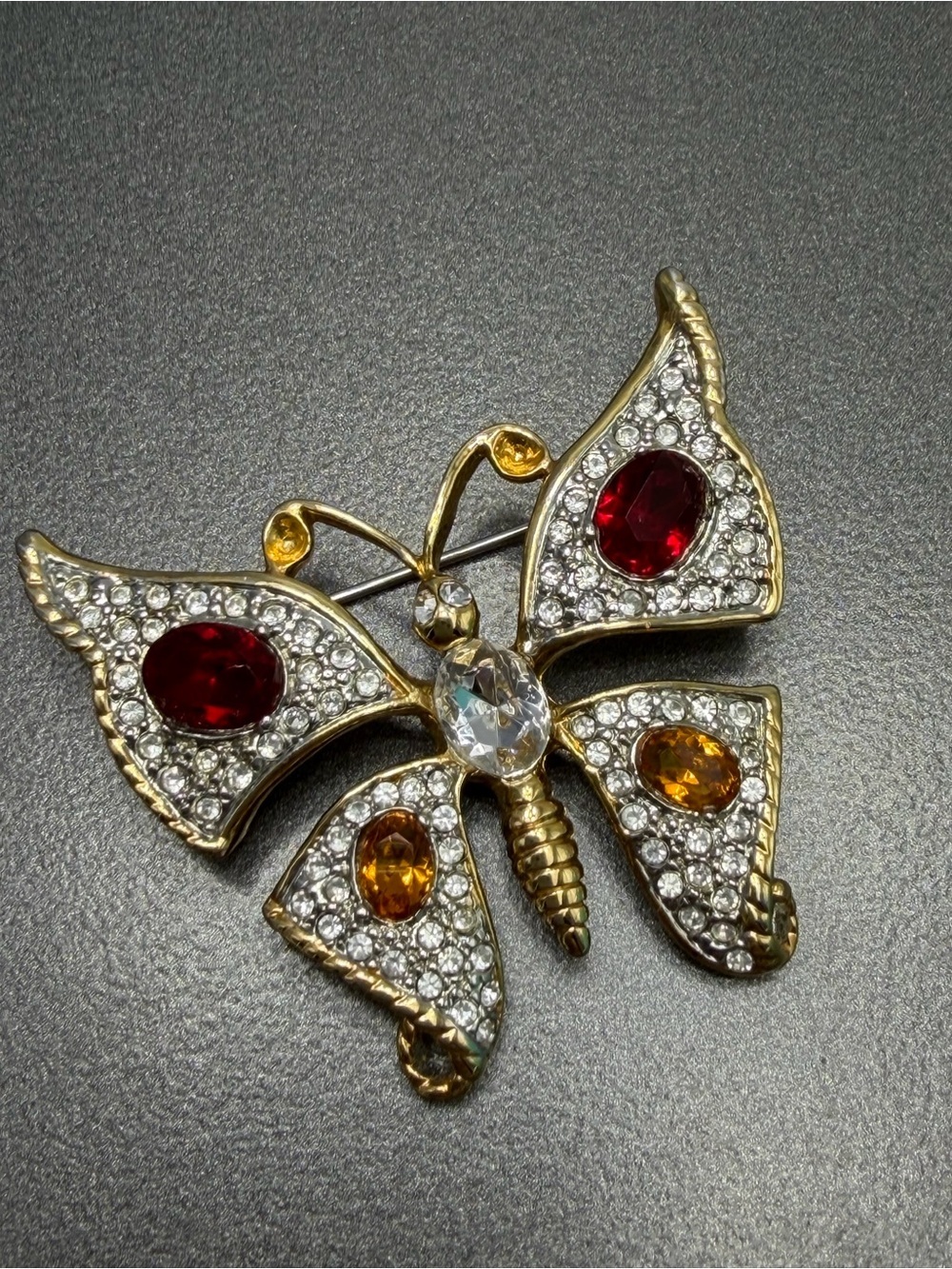 Vintage Butterfly Brooch with Red and Amber Crystals #cz19